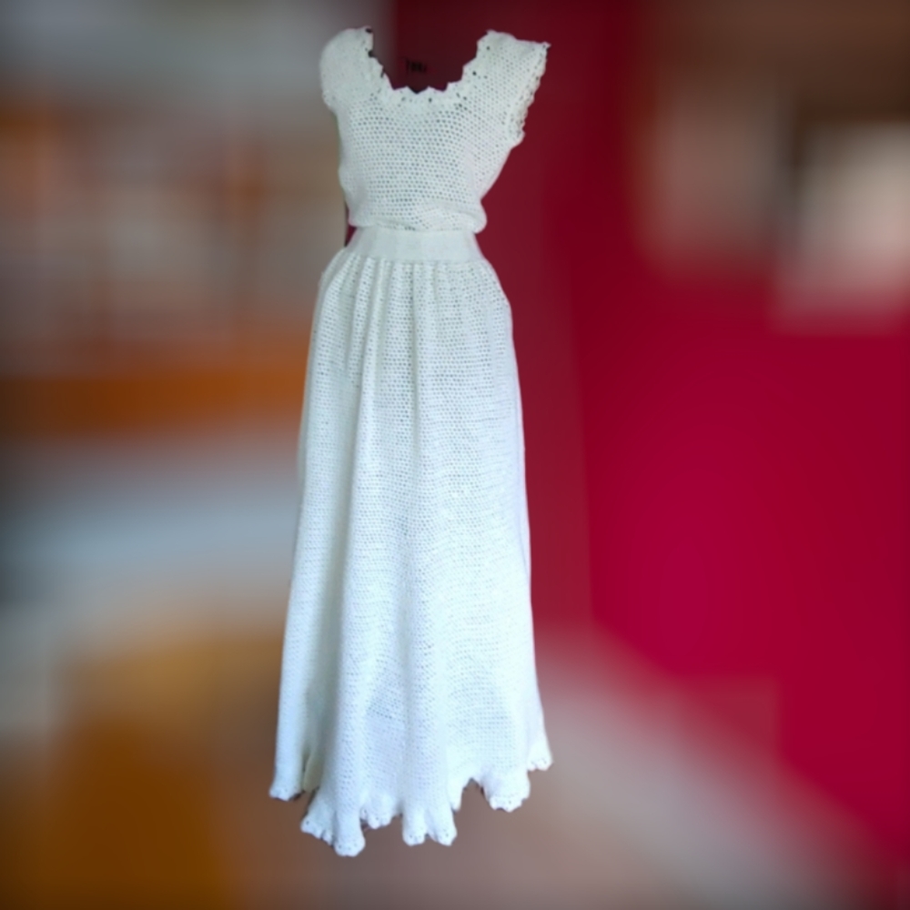 Handmade A-Line Prairie Wedding Gown Crochet Eyelet Lacey Fitted Bodice - Picture 1 of 12